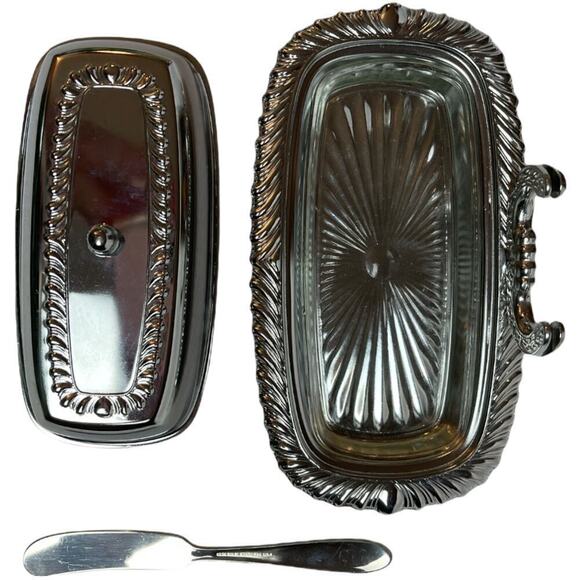 1971 Vintage Irvinware Chrome Plated Glass Insert With Lid & Knife Butter Dish - Picture 3 of 5